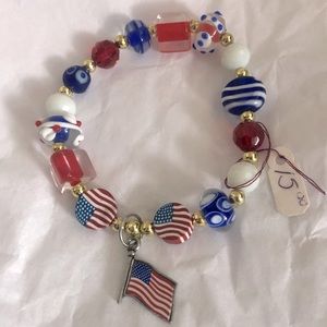Real Glass Bead Elastic Bracelet Patriotic Red White and Blue July 4th